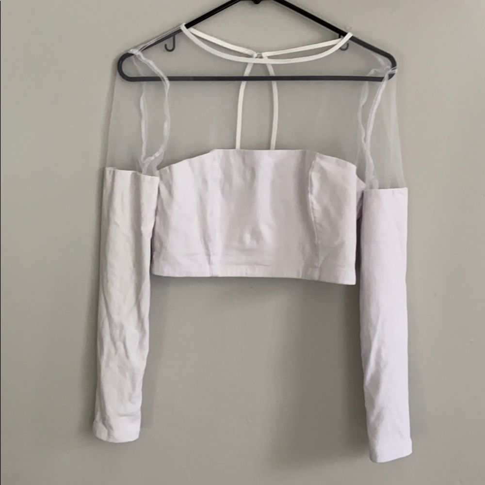 White Tobi sheer Crop Top long sleeve -Medium